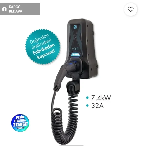Volti Home 7,4 kW Elektrikli Araç AC Şarj Istasyonu (Spiral Kablolu, 230 V)